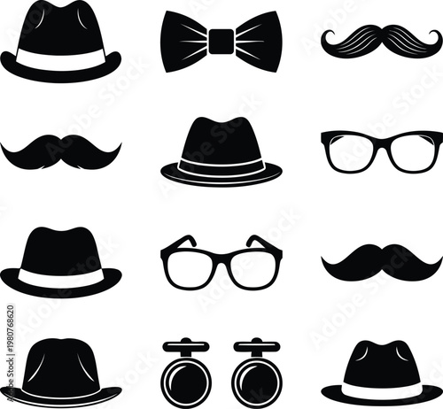 Stylish gentleman's accessories hats bow ties and mustaches collection