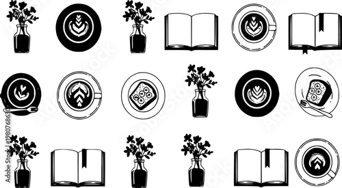 A creative vector illustration collection featuring monochrome coffee cups, open books, floral vases, and breakfast toast silhouettes designed for minimalist branding or digital graphic projects.