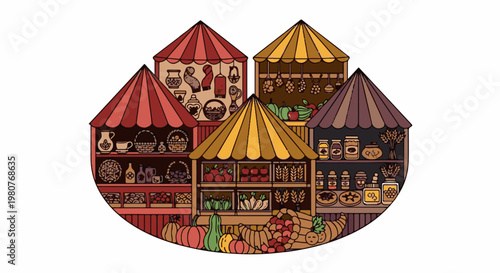 A charming market scene with stalls displaying produce, jars, and crafts