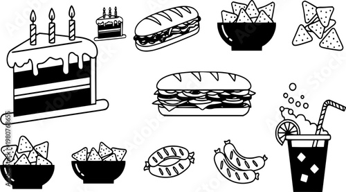 A delightful vector graphic illustration showcasing a diverse collection of popular party food and beverage items for celebration designs.