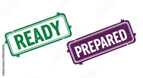 Two colorful rubber stamps with the words ready and prepared in green and purple ink on a white background