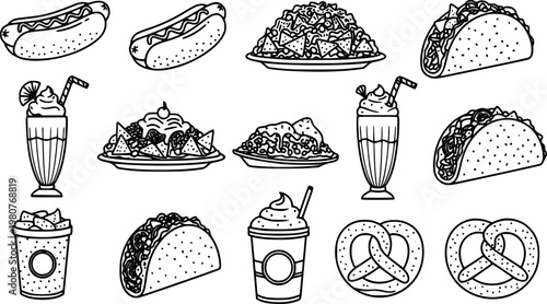 A minimalist vector graphic illustration featuring a diverse assortment of popular fast food items and snacks like hot dogs, nachos, tacos, milkshakes, and pretzels.