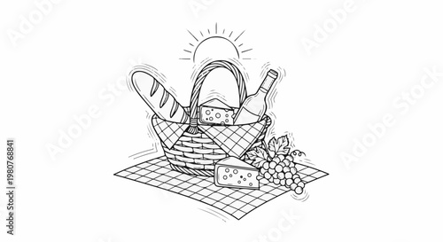 A charming sketch depicts a picnic basket filled with food items under a bright sun