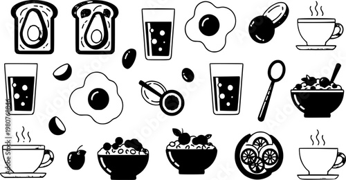 This minimalist vector illustration features a collection of delicious breakfast items including fried eggs, bowls of cereal, hot coffee cups, and healthy avocado toast slices.