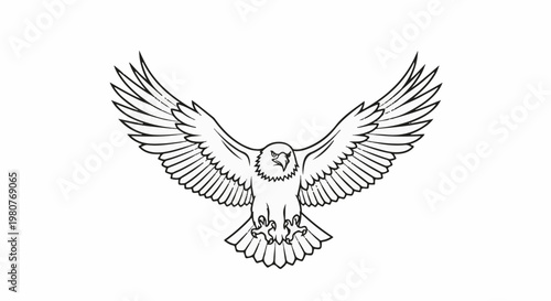 A black and white line drawing of a powerful eagle in mid-flight with wings spread wide