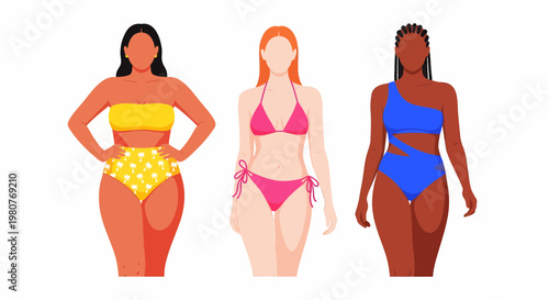 Diverse women models showcasing different styles of swimwear, including bikinis and one-piece outfits
