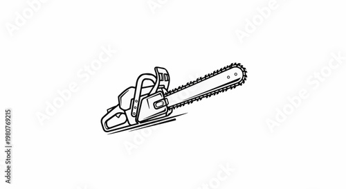 A black and white line drawing of a powerful chainsaw is depicted in motion