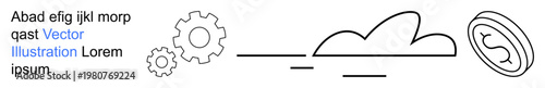 Cloud computing, data management, blockchain, digital technology, automation, storage solutions. Minimalist line art showing a cloud, two gears and a coin. Cloud computing and data management