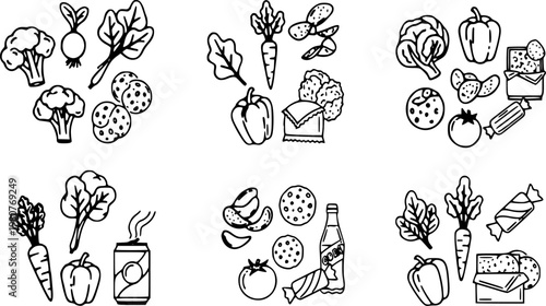 This vector illustration features a variety of hand drawn food icons including fresh vegetables, crunchy snacks, sweet candy items and various beverages for projects