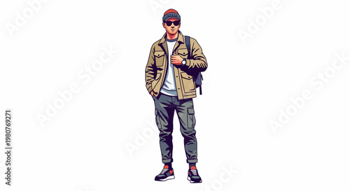 Vibrant vector illustration of a contemporary traveler, a casually stylish man with a backpack and sunglasses, ready for an energetic journey of urban exploration