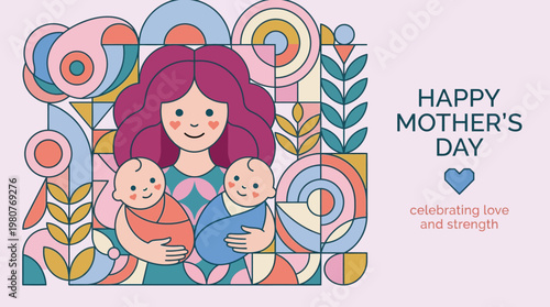 Happy Mother's Day Greeting Card with Geometric Illustration of a Mother Holding Twin Babies, Celebrating Love and Strength