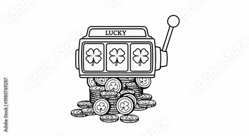 A black and white line drawing of a slot machine dispensing coins with shamrocks on them
