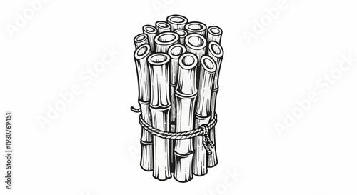 A bundle of hollow bamboo stalks tied together with twine