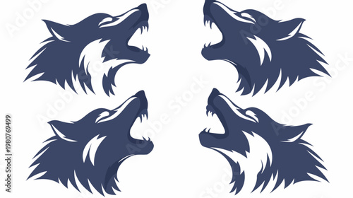 Four stylized wolf heads in a square formation howling on a white background