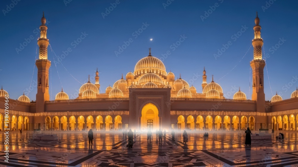 Naklejka premium Grand architecture illuminated at night with minarets and domes
