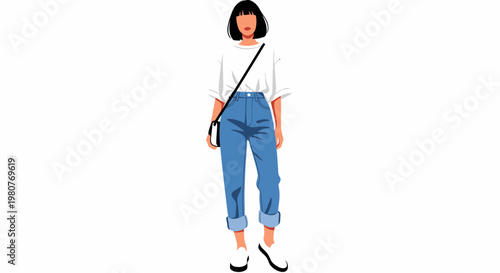 Stylish young woman in casual modern attire, featuring a trendy bob haircut, a relaxed white tee, and classic blue cuffed jeans with a cross-body bag, embodying a chic urban fashion statement