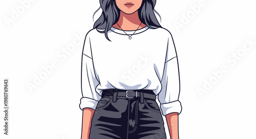 Vector illustration depicting a modern youthful woman dressed in a stylish casual outfit, featuring a white oversized top and dark trousers