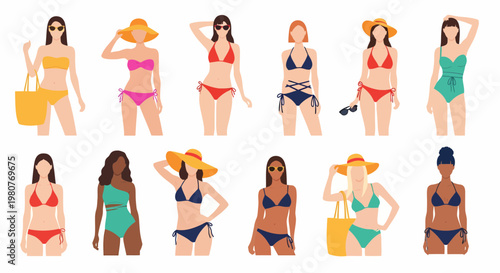 Diverse group of women showcasing various fashionable swimsuits and beachwear, ready for a vibrant summer vacation by the sea or pool, celebrating body positivity and individual style