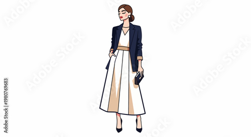 Elegant woman in a stylish blazer and midi skirt outfit, showcasing modern fashion for a sophisticated and confident look