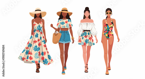 Summer Fashionable Women in Floral Dresses and Swimsuit on White Background