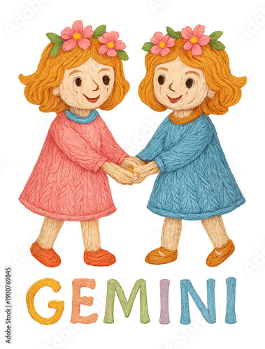 high demand niche Charming Gemini Zodiac Illustration with Embroidery Style Twins Holding Hands, Symbolizing Friendship and Duality modern commercial lifestyle concept