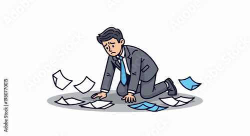 A businessman kneels amongst scattered papers, looking dejected and overwhelmed