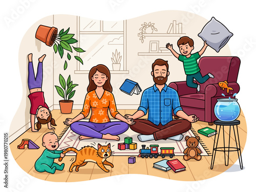 Mindful Parenting: Calm Mother and Father Meditating Amidst Domestic Chaos and Playful Children Illustration