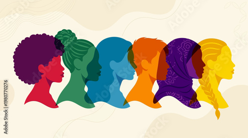 Diverse Women Silhouette Heads in Colorful Flat Design Style for Inclusion and Feminism Concept