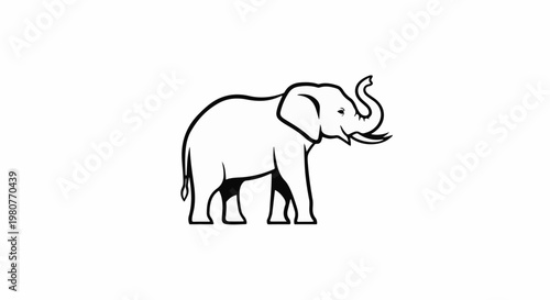 A black and white line drawing of an elephant with its trunk raised