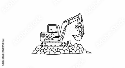 A black and white line drawing of an excavator with a bandaged arm