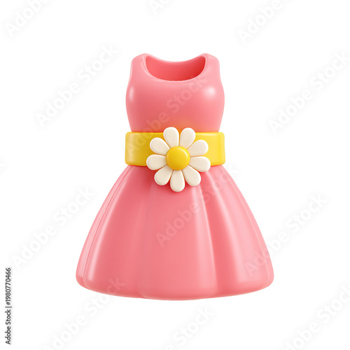 Pink Dress with Yellow Belt and Daisy Flower 3d icon in cartoon plastic style minimal isolated on transparent background