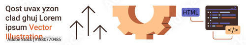 Web development, interface design, programming, technology innovation, data processing, system optimization. Gear icon, HTML code screen with upward arrows. Web development and interface design theme