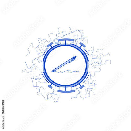 Pen icon in a round frame with lightning electric discharges blue color isolated on transparent background