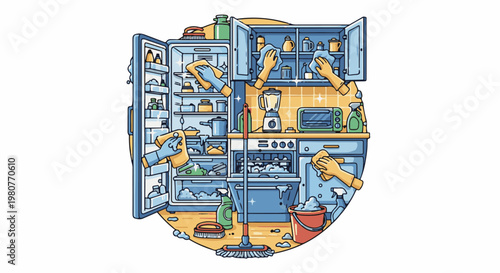 A busy kitchen scene with multiple hands cleaning appliances and surfaces
