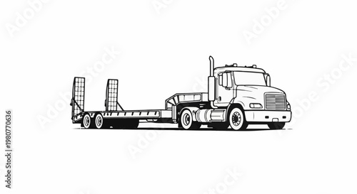 A black and white illustration of a heavy-duty truck with a lowboy trailer