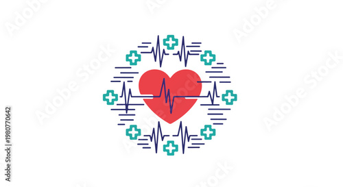Illustration of a healthy heart with medical symbols and heartbeat lines representing cardiovascular health and medical