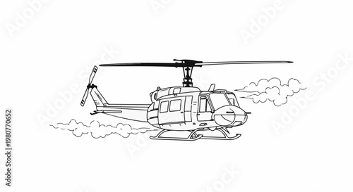 A black and white illustration of a helicopter in flight with clouds