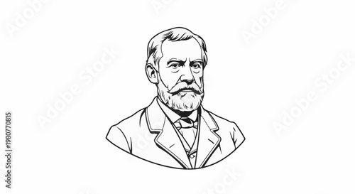 A black and white illustration of a man with a beard and mustache