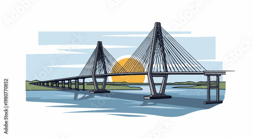 A cable-stayed bridge stretches across a wide body of water with a sunset behind it