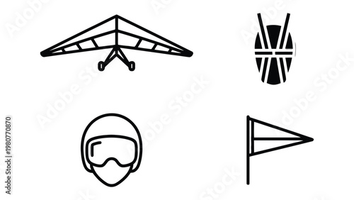 Sky High Dreams: Featuring the iconic equipment, this image celebrates the spirit of hang gliding, with a hang glider, harness, helmet and flag to symbolize the thrill of flight.