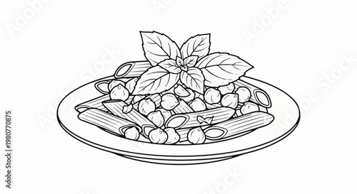 A black and white illustration of a plate of pasta with chickpeas and basil