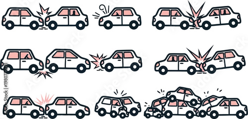 Traffic collision colored flat vector icons showing multiple pileups