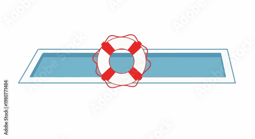 A blue swimming pool with a red and white life preserver float