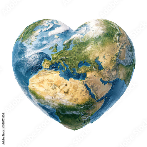 heart shaped earth with continents isolated on transparent background