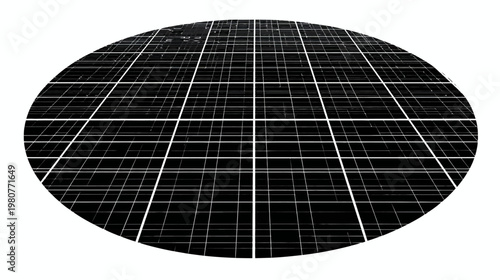 Abstract black and white gridded circle, featuring lines and rectangles arranged. Perspective view of a digital design
