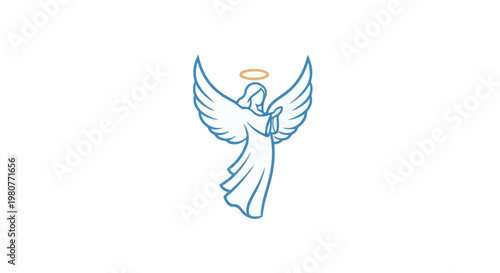 A blue-lined angel with a gold halo floats serenely against a white background