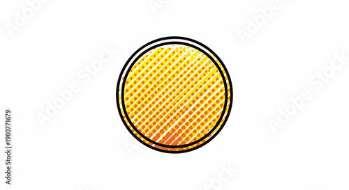 A bold black circle encases a vibrant sun-like pattern of diagonal lines and dots