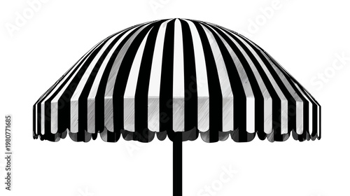 A black and white striped parasol, rendered with a pencil sketch effect, against a blank white backdrop