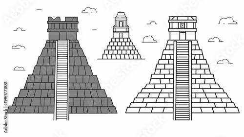 Outlined pyramids with stairs and flat clouds, in grayscale and monochrome artwork