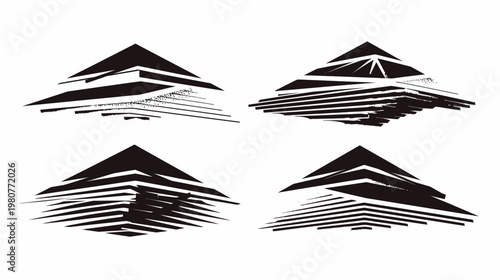 Four abstract, geometric pyramid-like shapes created with horizontal black lines on white